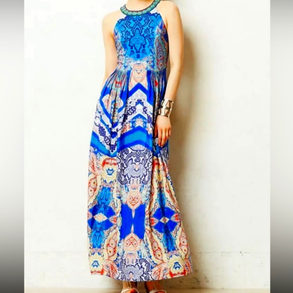 Ranna Gill Boteh Maxi Dress 6 Pleated Embroidered Rhinestone Multicolor